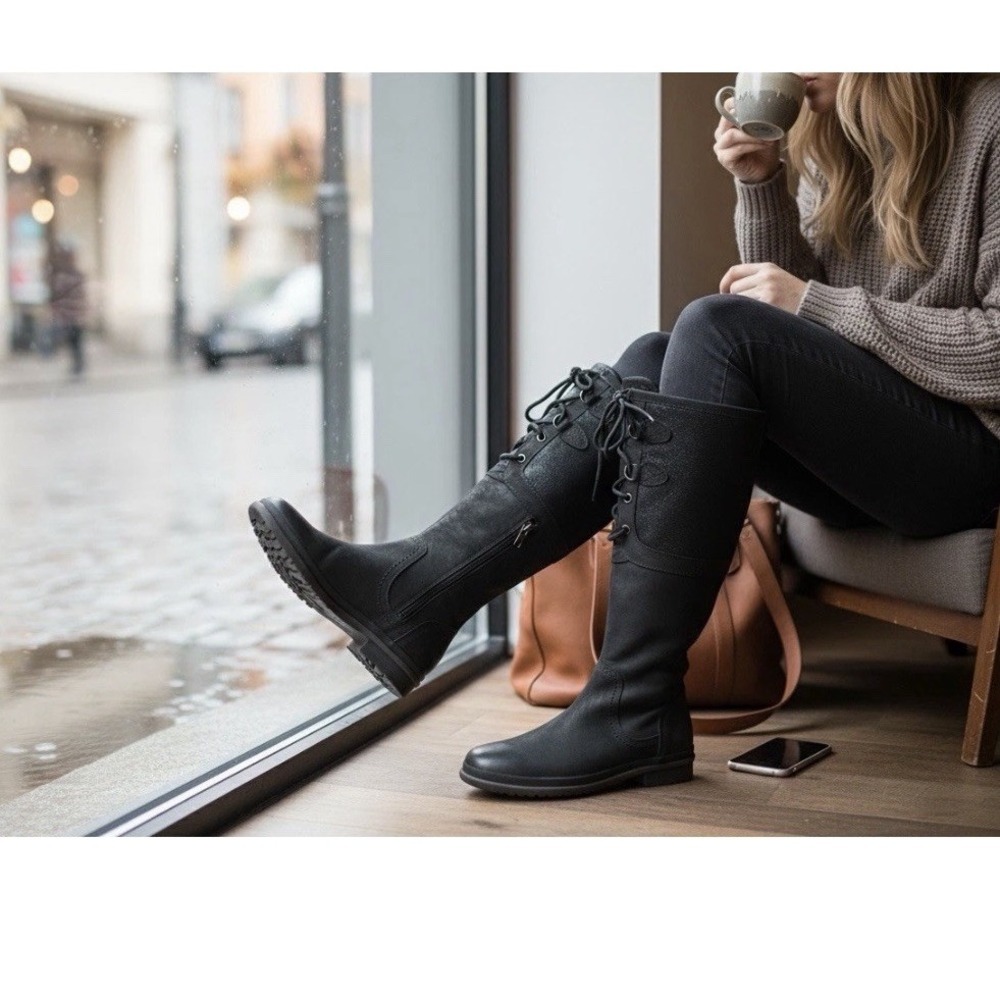 UGG Elsa Leather Riding‎ Boots 6 Black Tall Knee High Lace Up Waterproof Sherpa